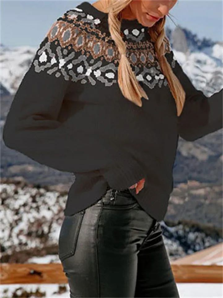 Female Retro Jacquard Contrast Color Knitwear Sweaters