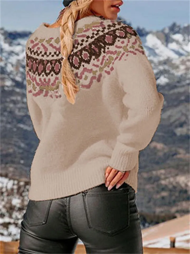 Female Retro Jacquard Contrast Color Knitwear Sweaters
