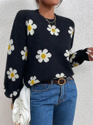 Floral Printed Round Neck Sweaters For Women