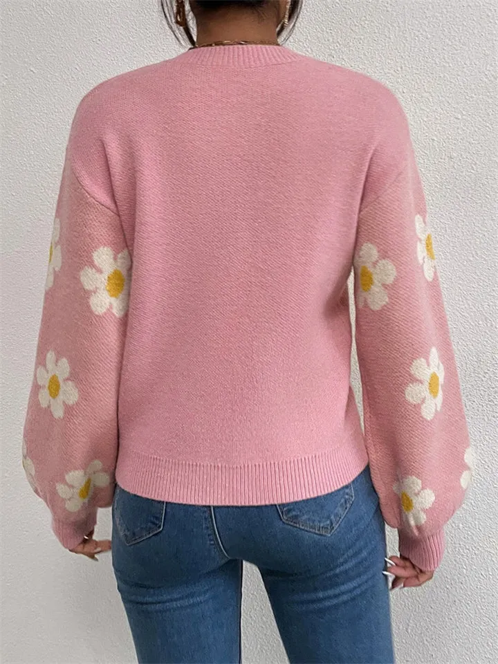 Floral Printed Round Neck Sweaters For Women