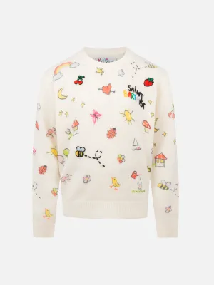 Girl white crewneck sweater Princess with Saint Barth sketch print