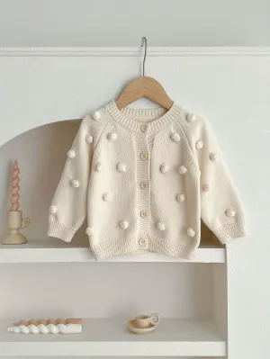 Girls Charming Cotton Cardigan Sweater with Round Ball Detail - Soft 10% Cotton Blend, Casual & Warm for Spring and Autumn - Perfect for Little Fashionistas, Small Size
