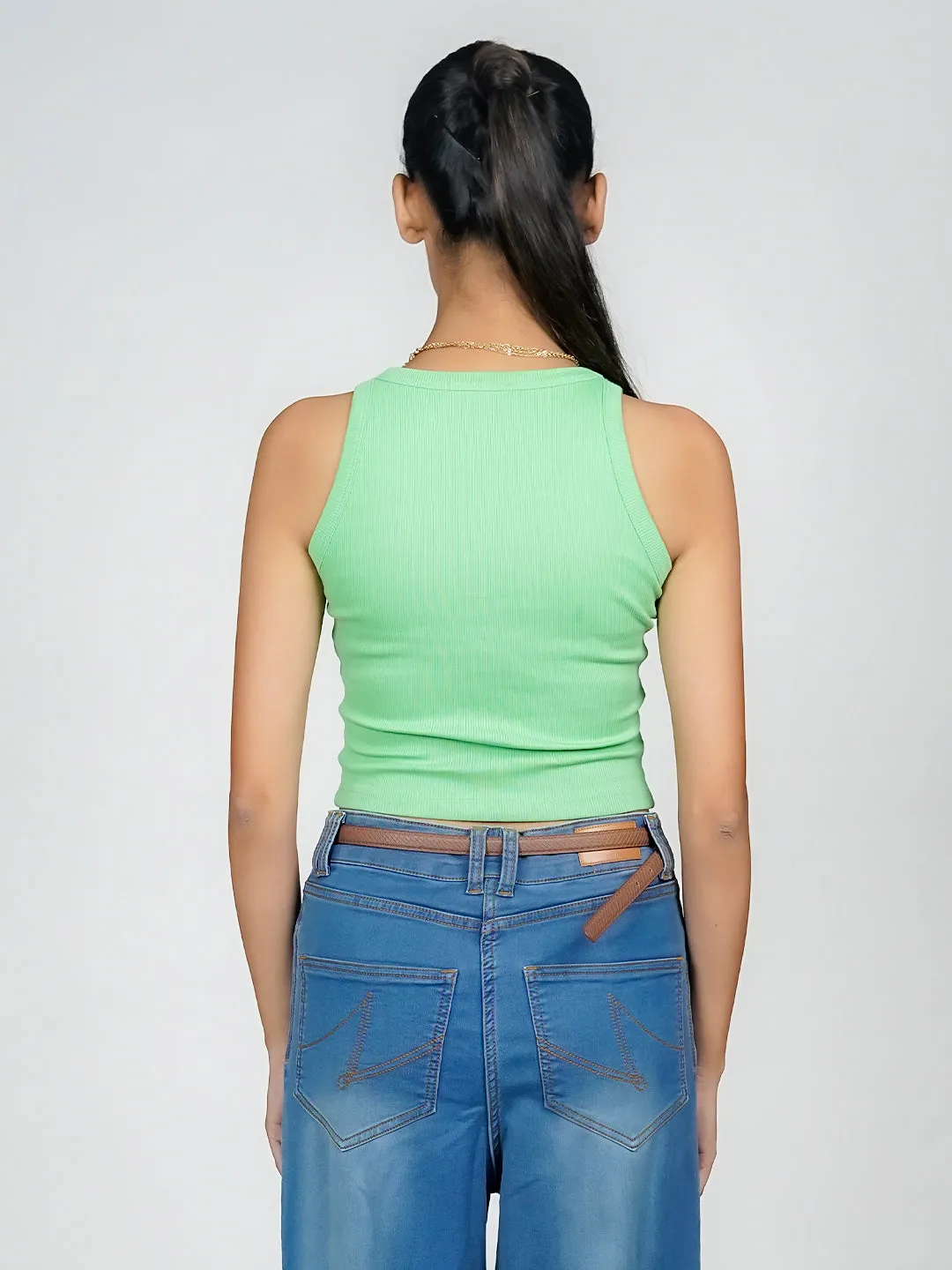 Green Solid Basic Crop Top