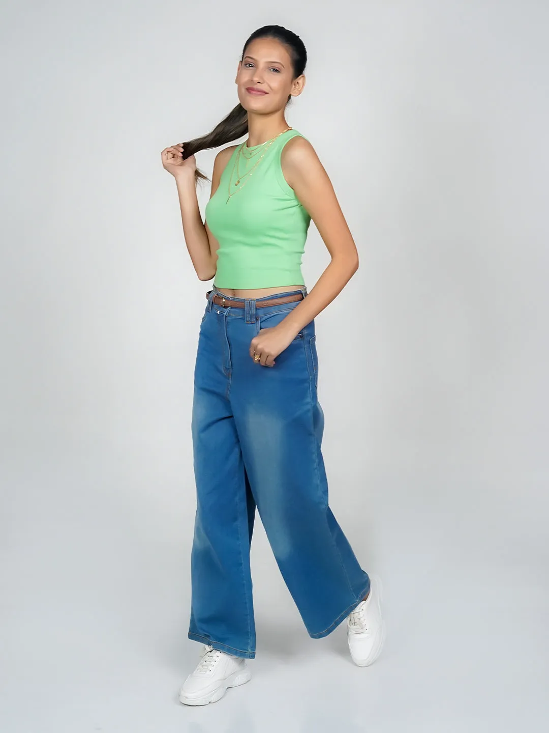 Green Solid Basic Crop Top