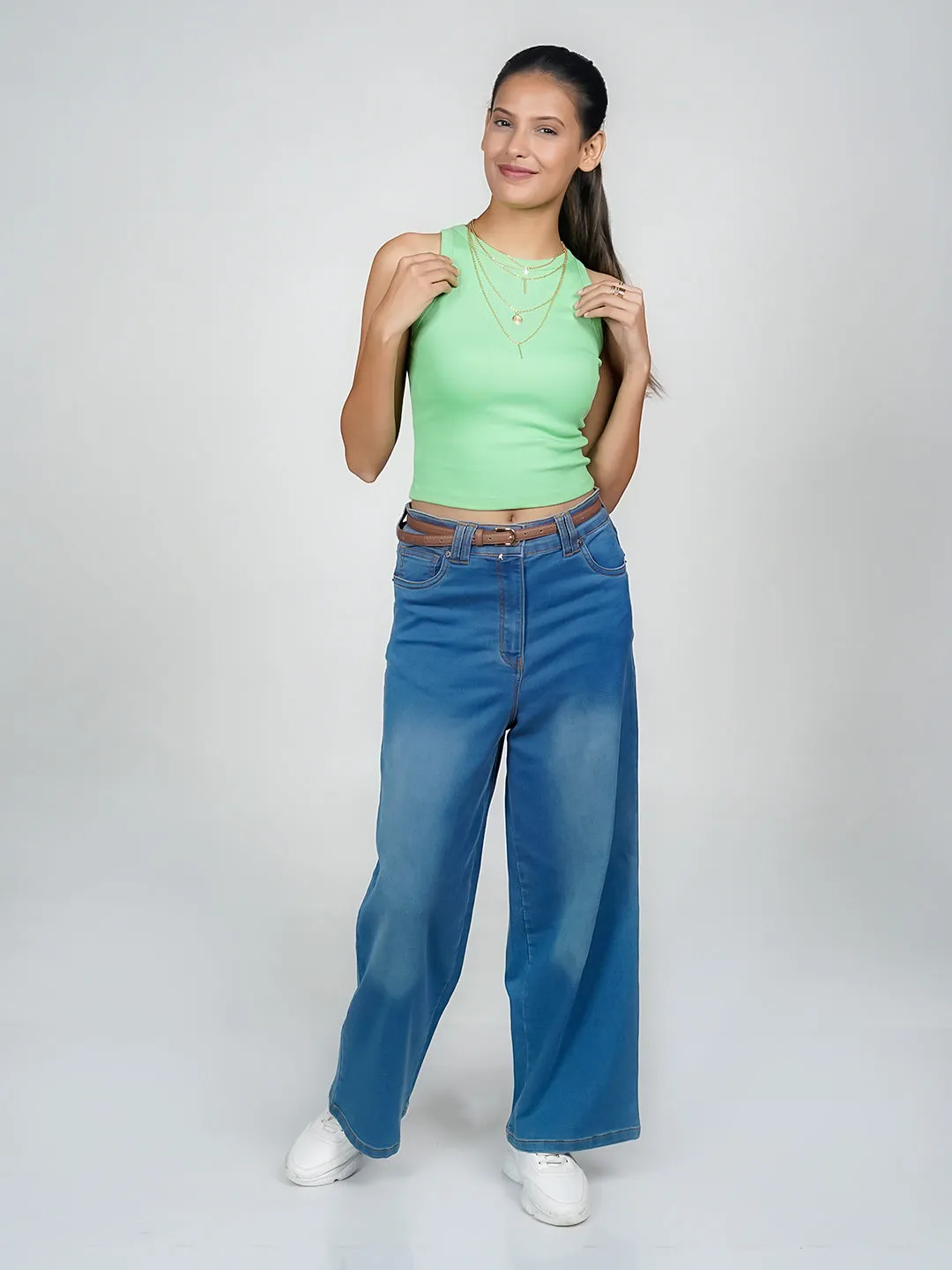 Green Solid Basic Crop Top