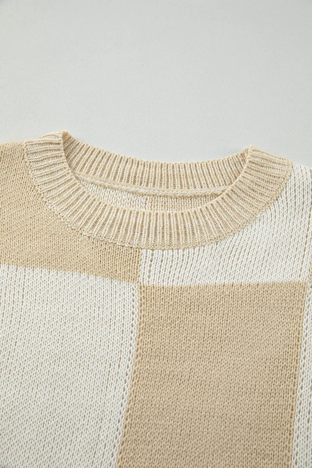 Hazel Blues® |  Checkered Round Neck Drop Shoulder Sweater