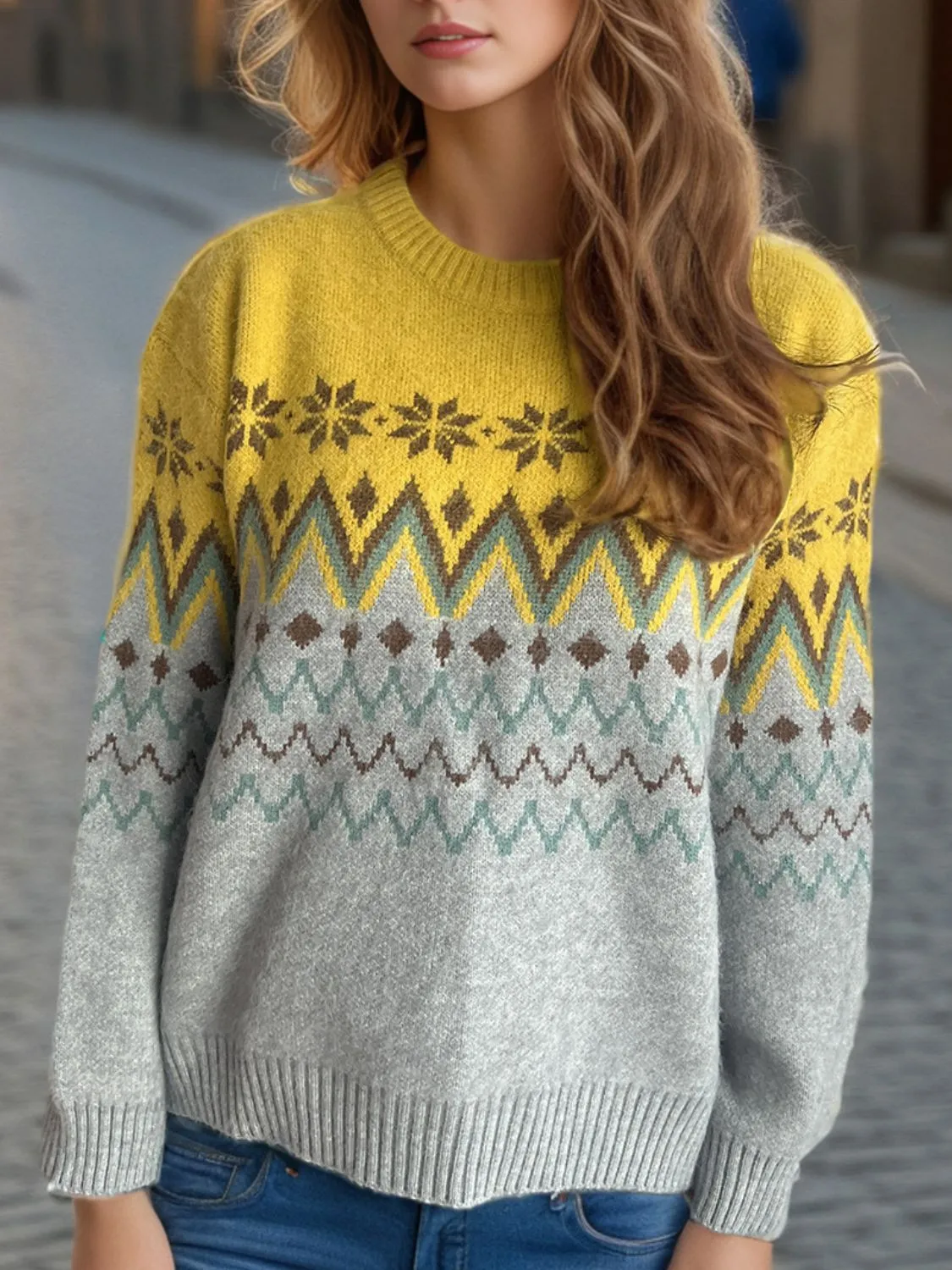 Hazel Blues® |  Chevron Contrast Round Neck Long Sleeve Sweater