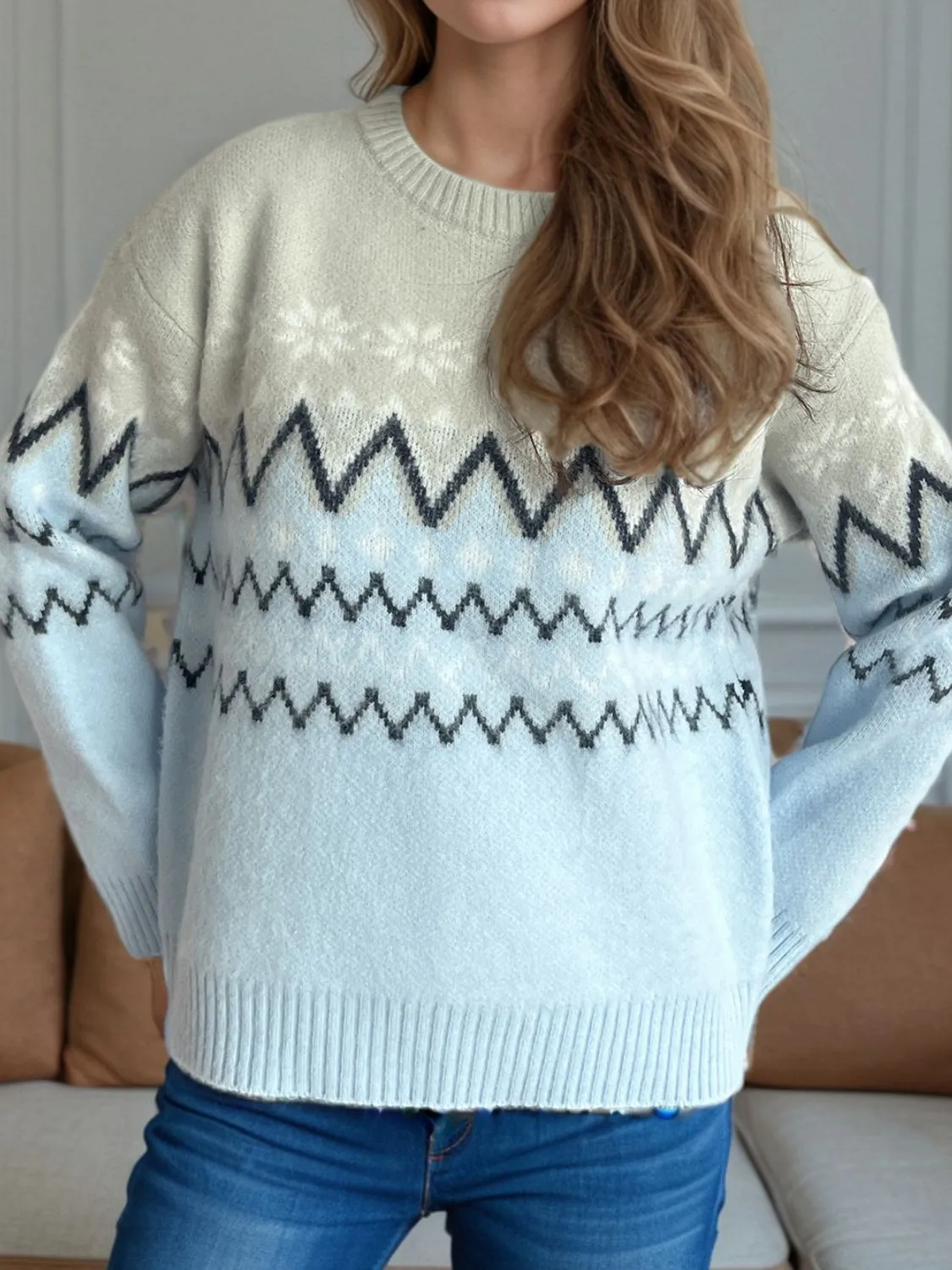 Hazel Blues® |  Chevron Contrast Round Neck Long Sleeve Sweater
