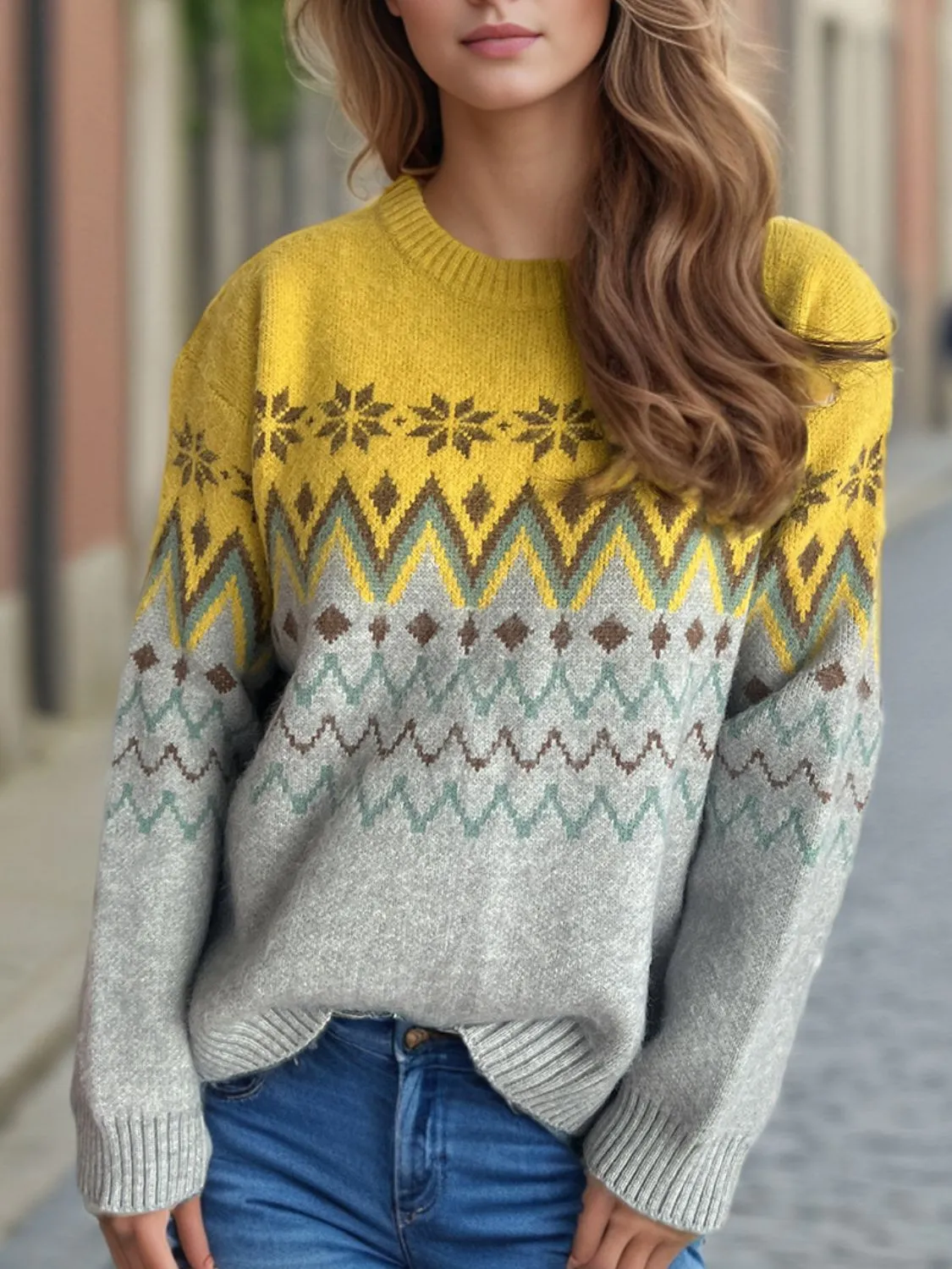 Hazel Blues® |  Chevron Contrast Round Neck Long Sleeve Sweater