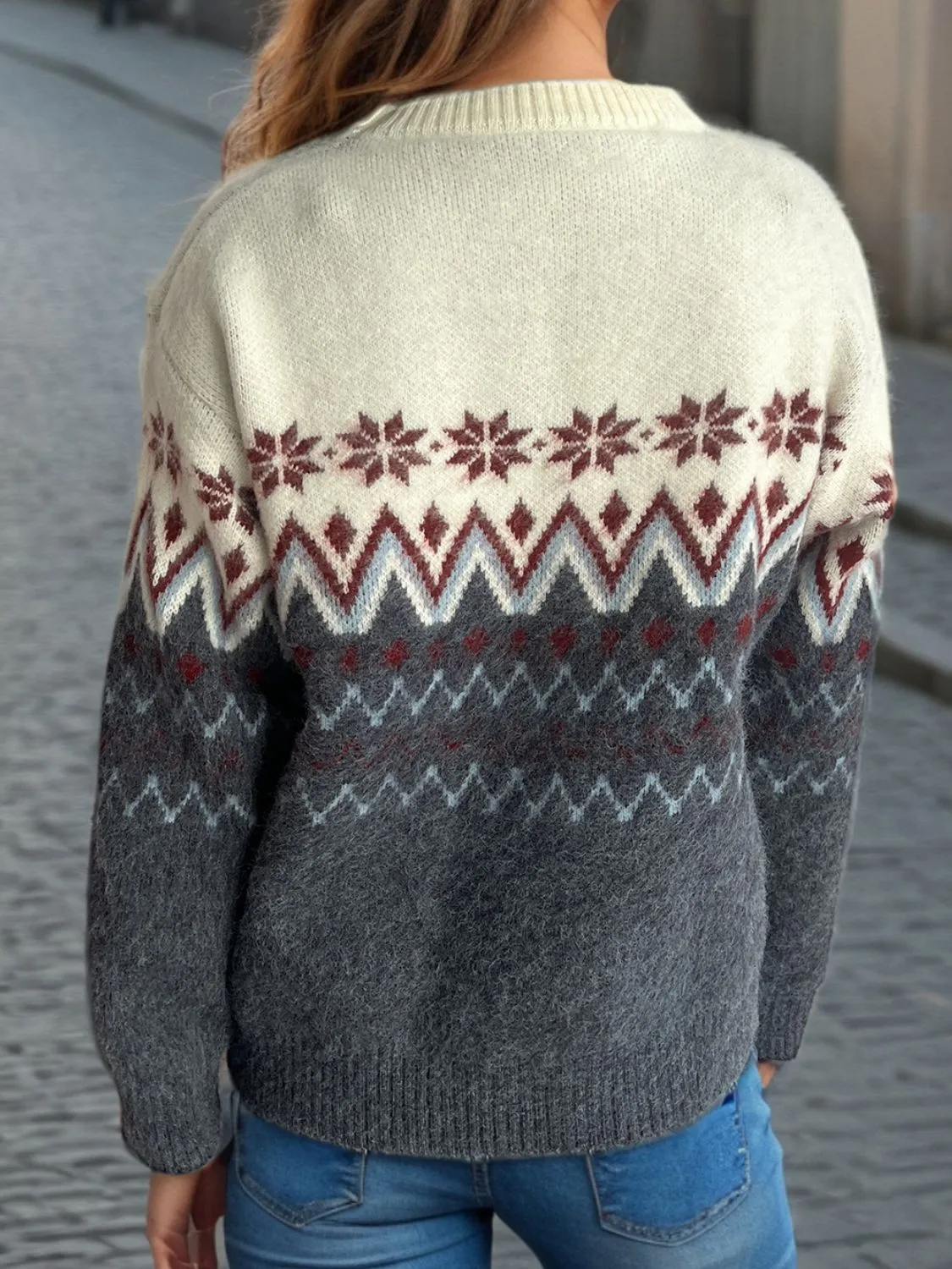 Hazel Blues® |  Chevron Contrast Round Neck Long Sleeve Sweater
