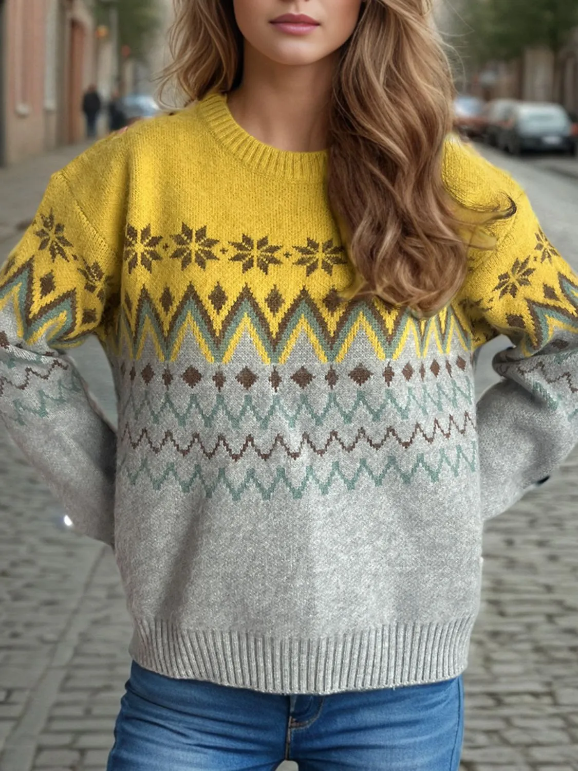 Hazel Blues® |  Chevron Contrast Round Neck Long Sleeve Sweater