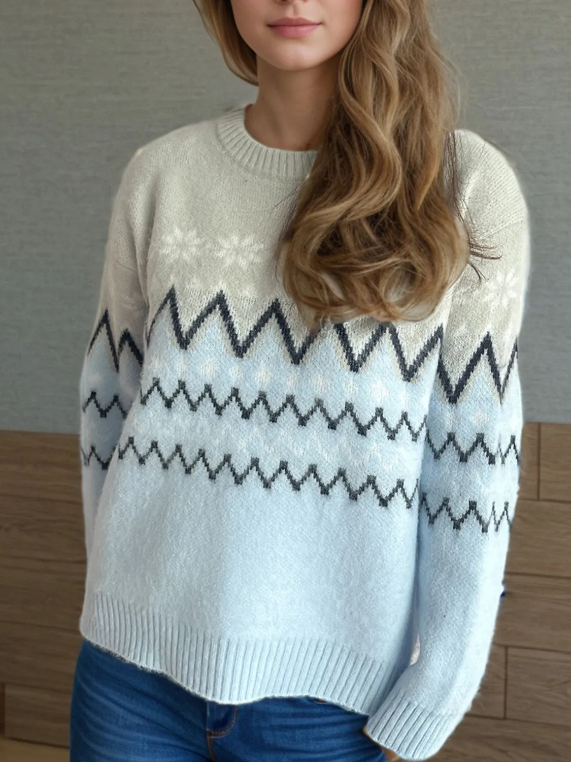 Hazel Blues® |  Chevron Contrast Round Neck Long Sleeve Sweater