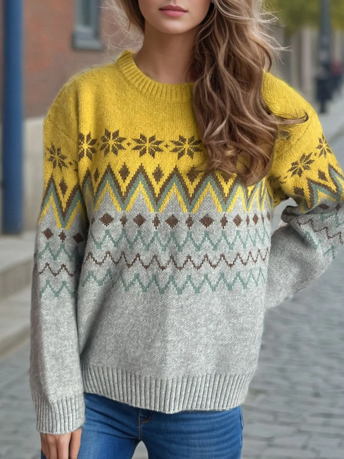 Hazel Blues® |  Chevron Contrast Round Neck Long Sleeve Sweater