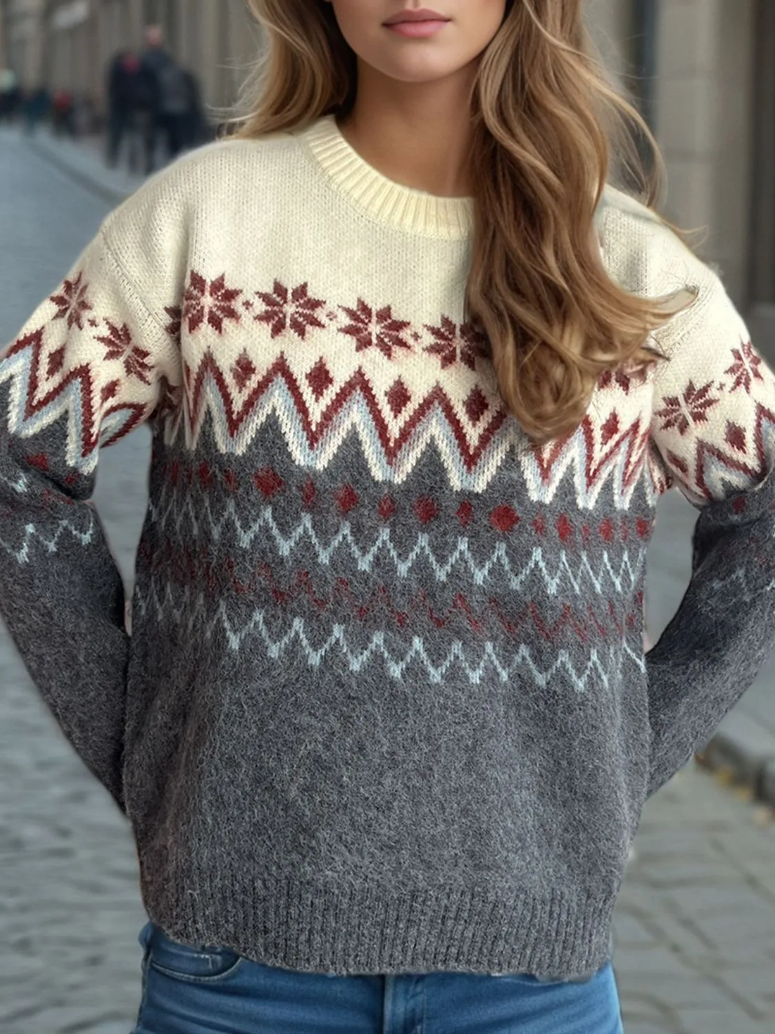 Hazel Blues® |  Chevron Contrast Round Neck Long Sleeve Sweater
