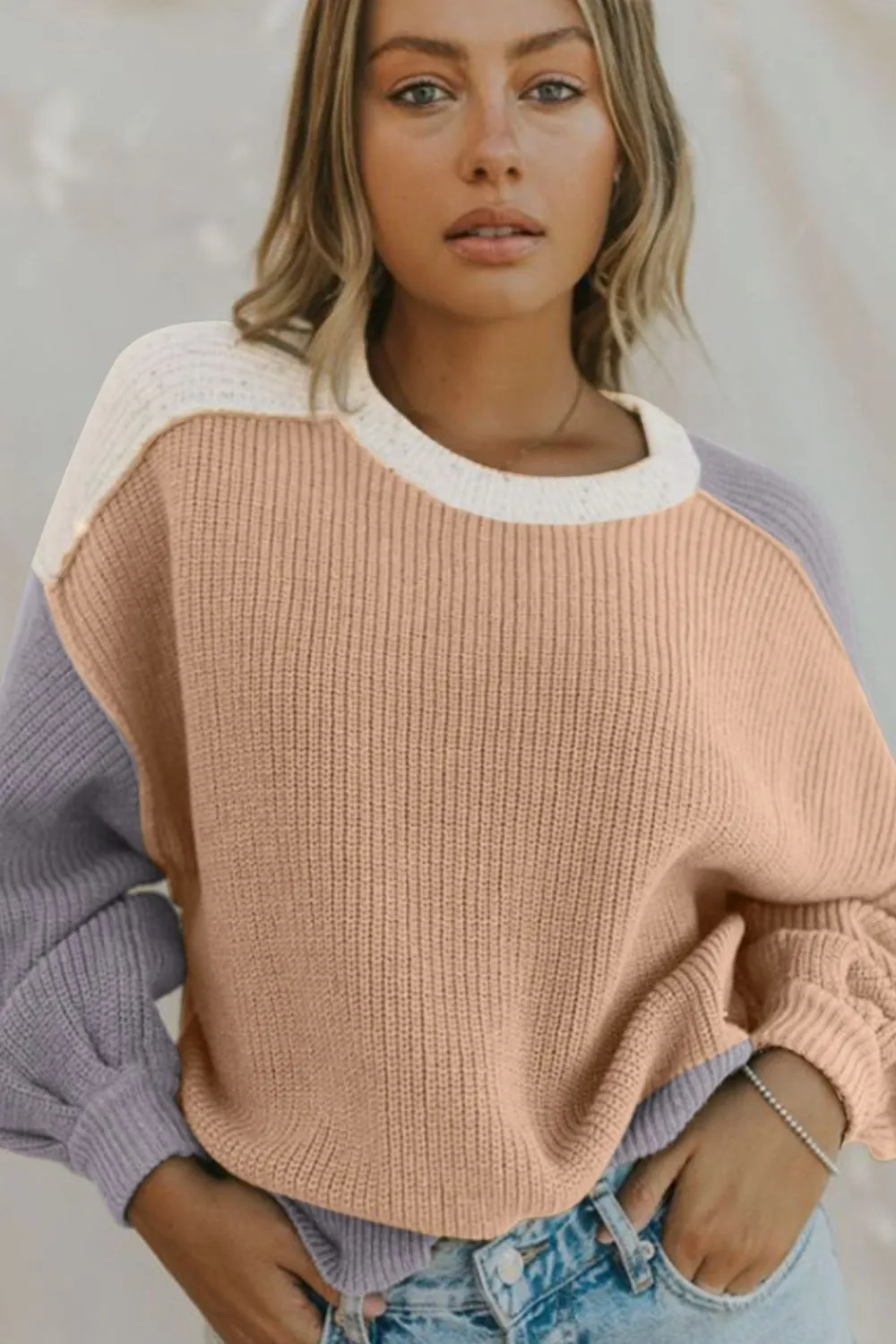 Hazel Blues® |  Color Block Round Neck Drop Shoulder Sweater