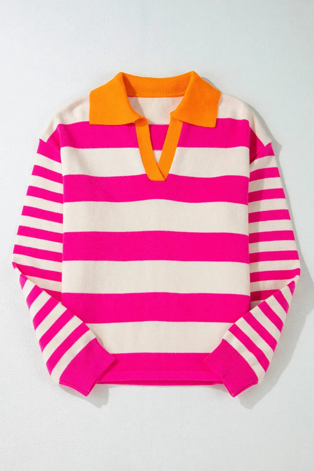 Hazel Blues® |  Contrast Stripes Johnny Collar Long Sleeve Sweater