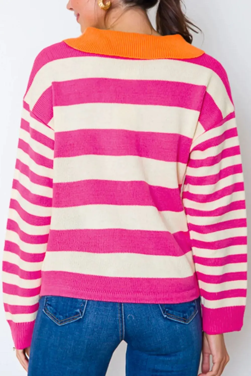 Hazel Blues® |  Contrast Stripes Johnny Collar Long Sleeve Sweater