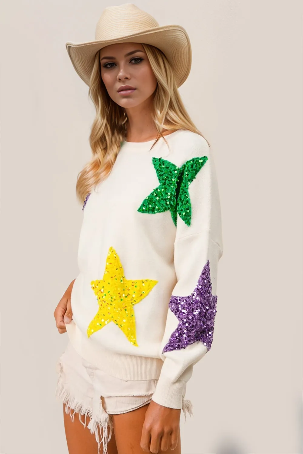 Hazel Blues® |  Double Take Sequin Star Round Neck Dropped Shoulder Sweater