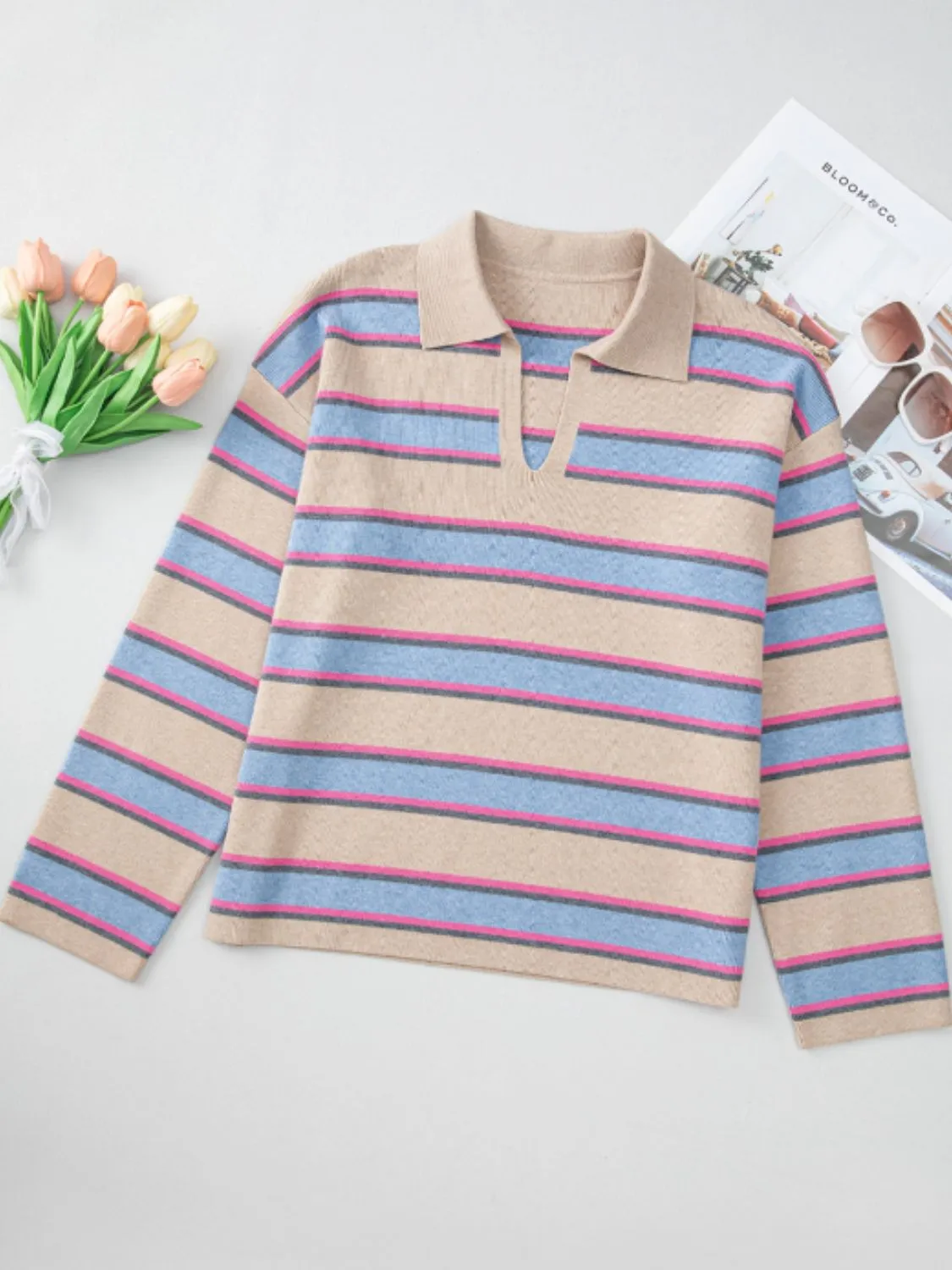 Hazel Blues® |  Johnny Collar Long Sleeve Stripe Sweater