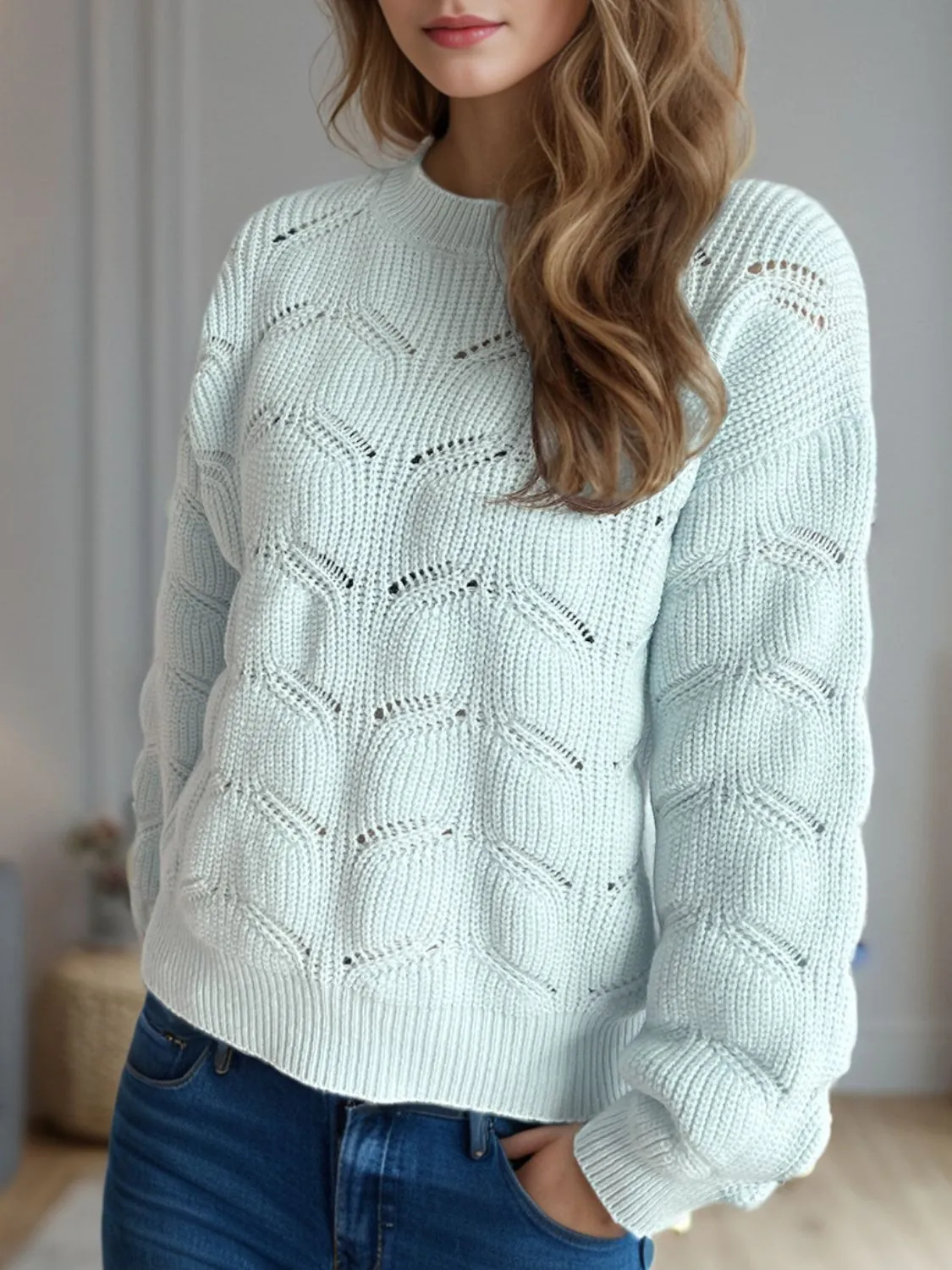 Hazel Blues® |  Openwork Round Neck Dropped Shoulder Sweater
