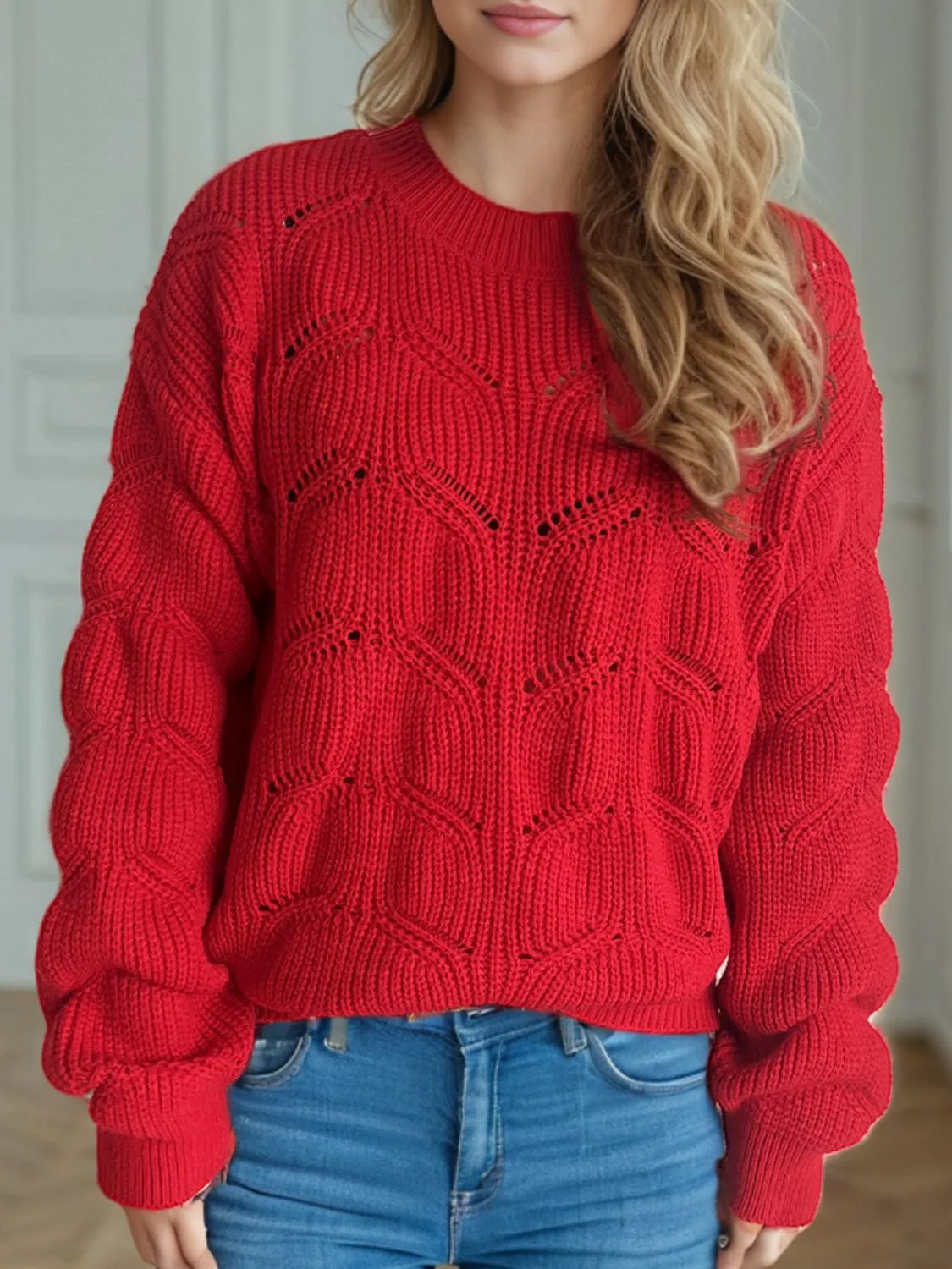 Hazel Blues® |  Openwork Round Neck Dropped Shoulder Sweater