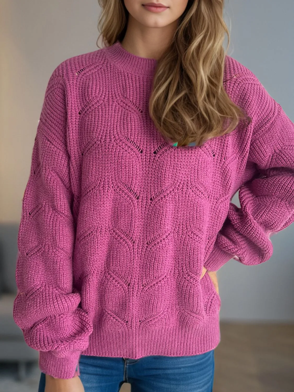 Hazel Blues® |  Openwork Round Neck Dropped Shoulder Sweater