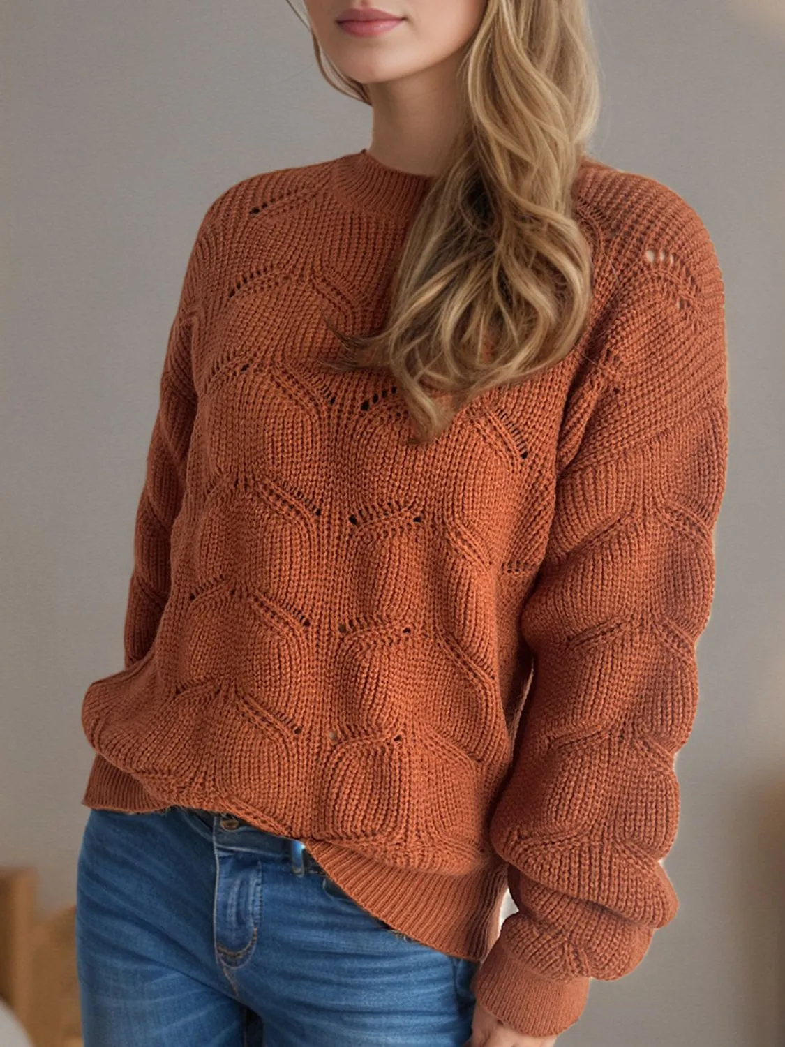 Hazel Blues® |  Openwork Round Neck Dropped Shoulder Sweater