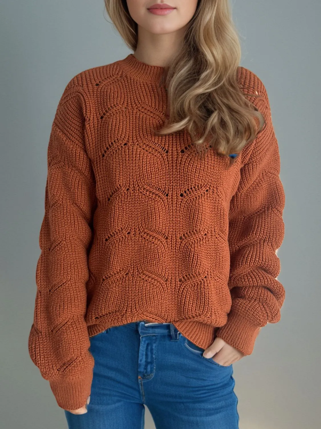 Hazel Blues® |  Openwork Round Neck Dropped Shoulder Sweater