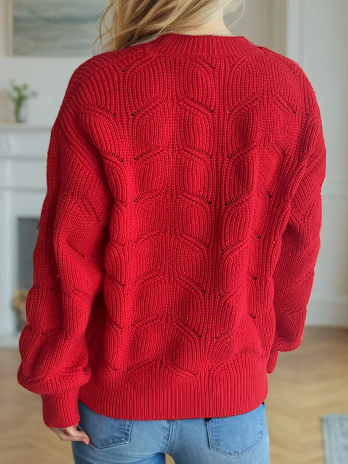 Hazel Blues® |  Openwork Round Neck Dropped Shoulder Sweater