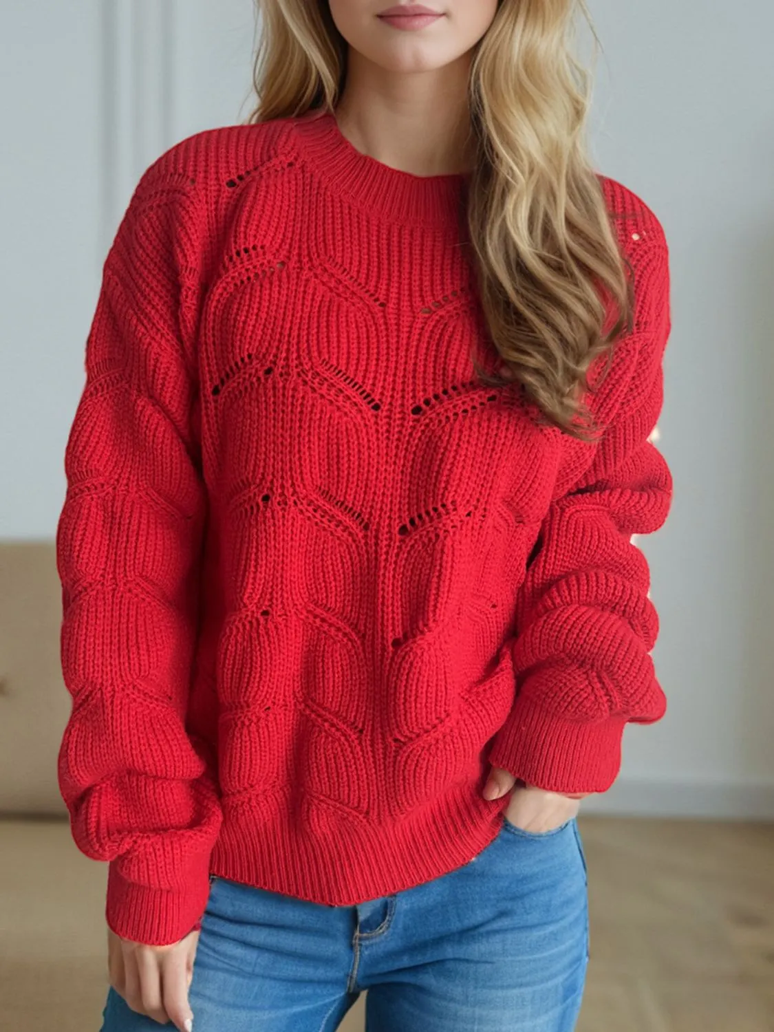 Hazel Blues® |  Openwork Round Neck Dropped Shoulder Sweater