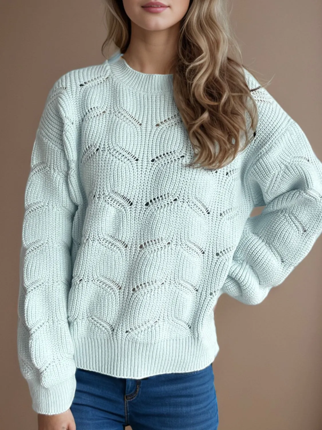 Hazel Blues® |  Openwork Round Neck Dropped Shoulder Sweater