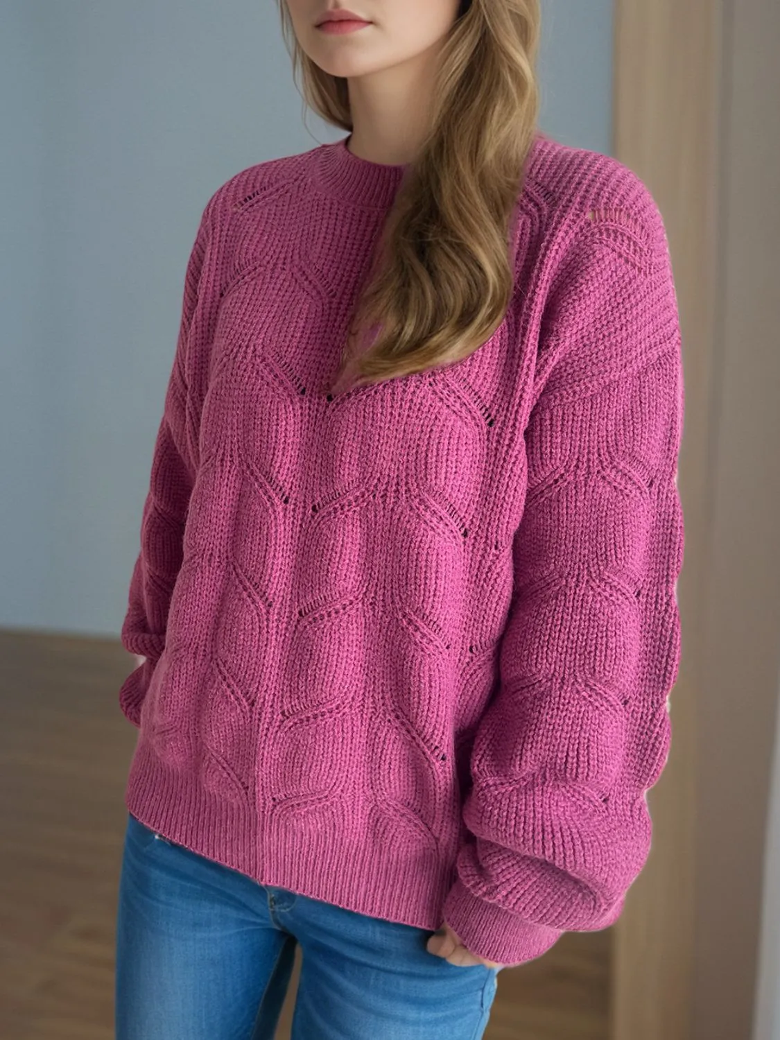 Hazel Blues® |  Openwork Round Neck Dropped Shoulder Sweater