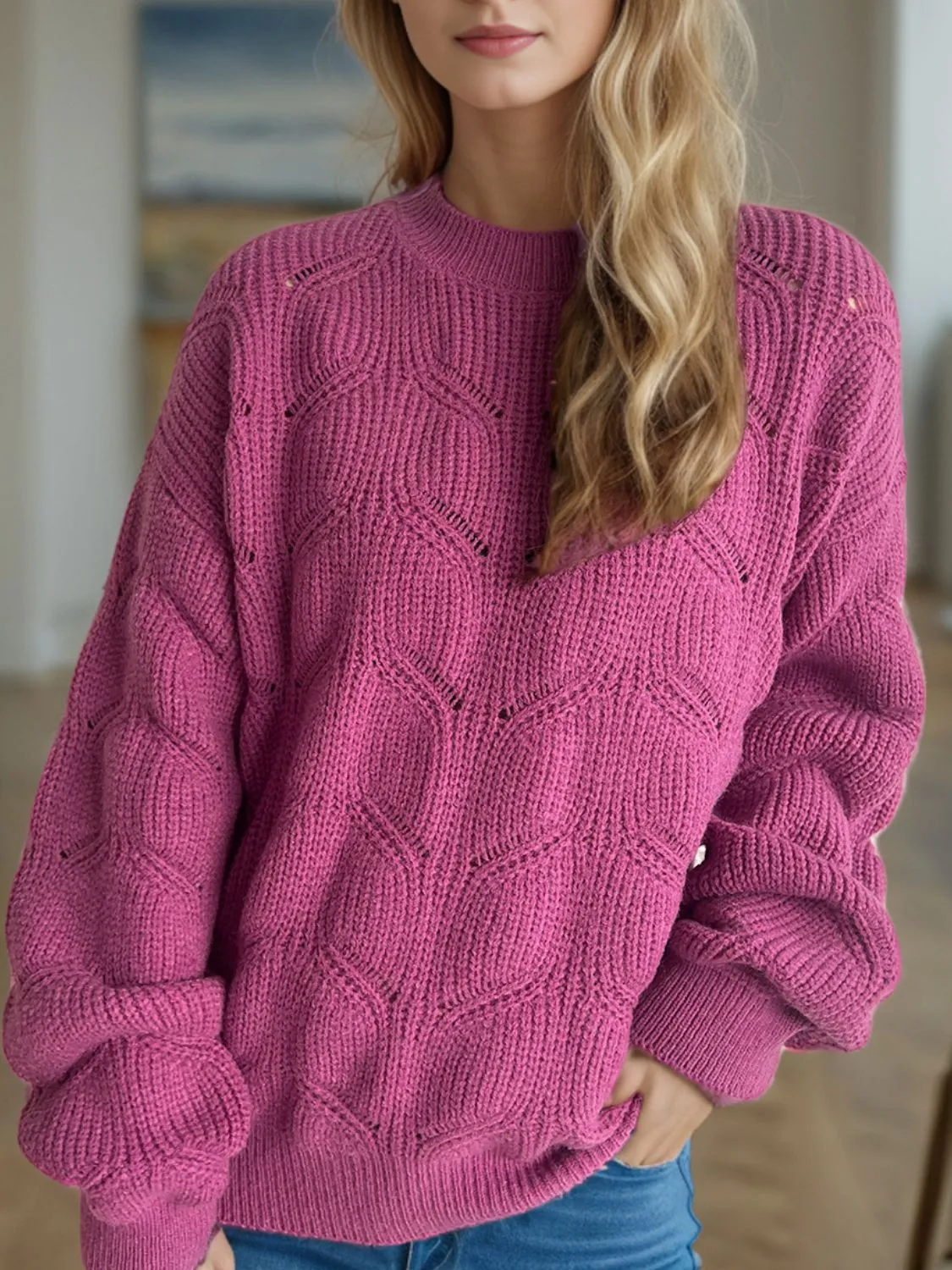 Hazel Blues® |  Openwork Round Neck Dropped Shoulder Sweater