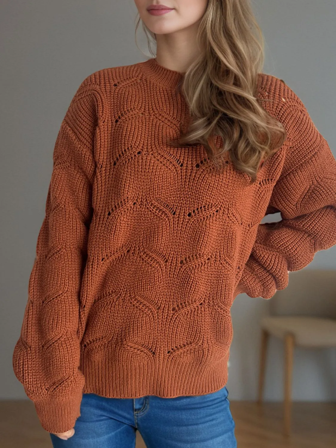 Hazel Blues® |  Openwork Round Neck Dropped Shoulder Sweater