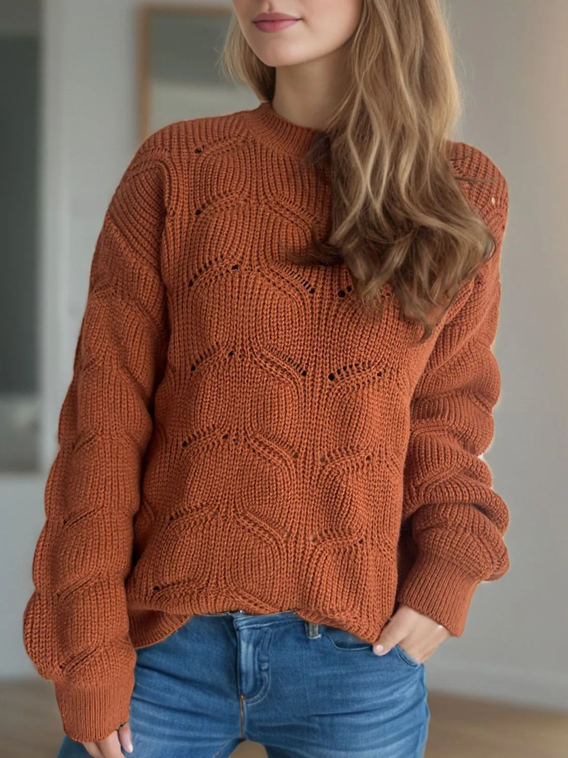 Hazel Blues® |  Openwork Round Neck Dropped Shoulder Sweater