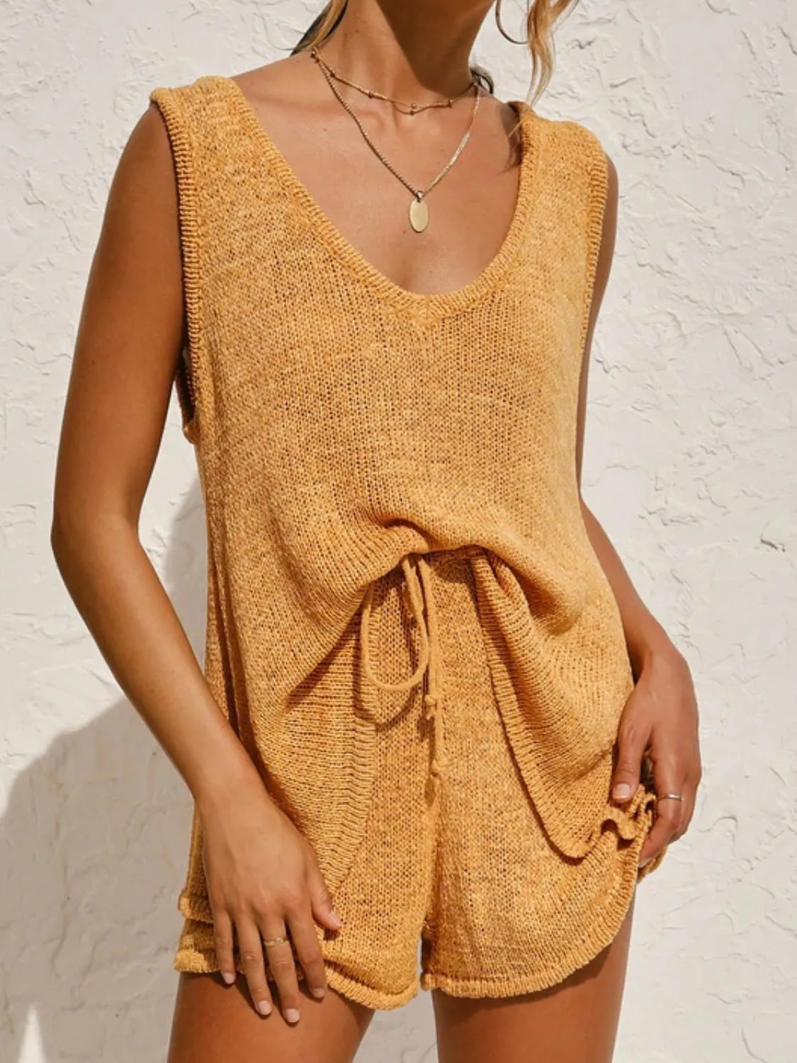 Hazel Blues® |  V-Neck Sleeveless Top and Drawstring Shorts Sweater Set