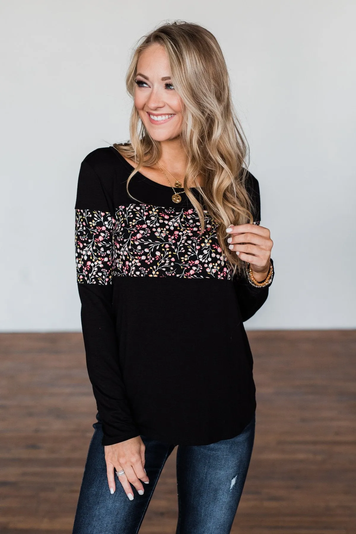 Hold Me Up Floral Color Block Top- Black