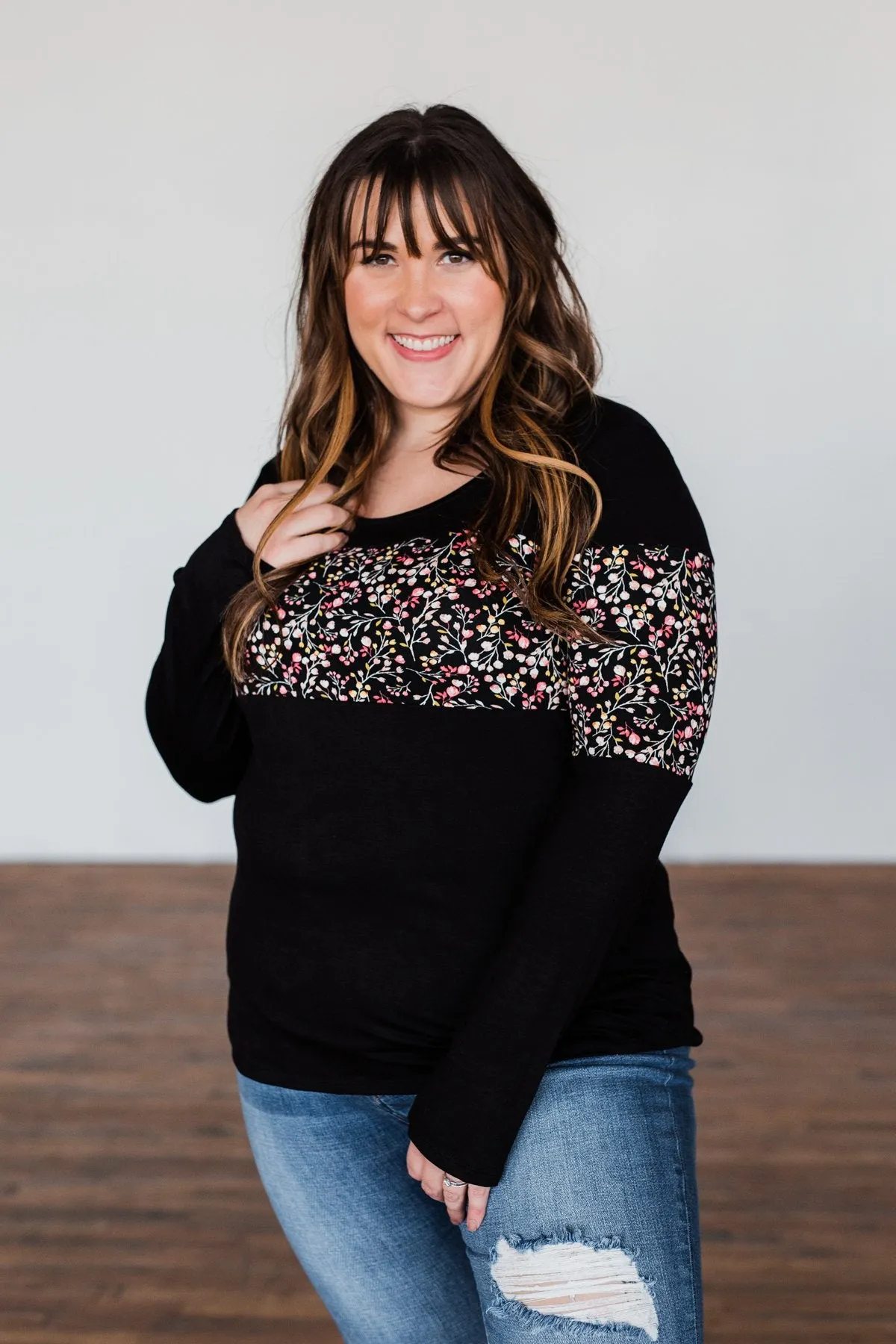 Hold Me Up Floral Color Block Top- Black