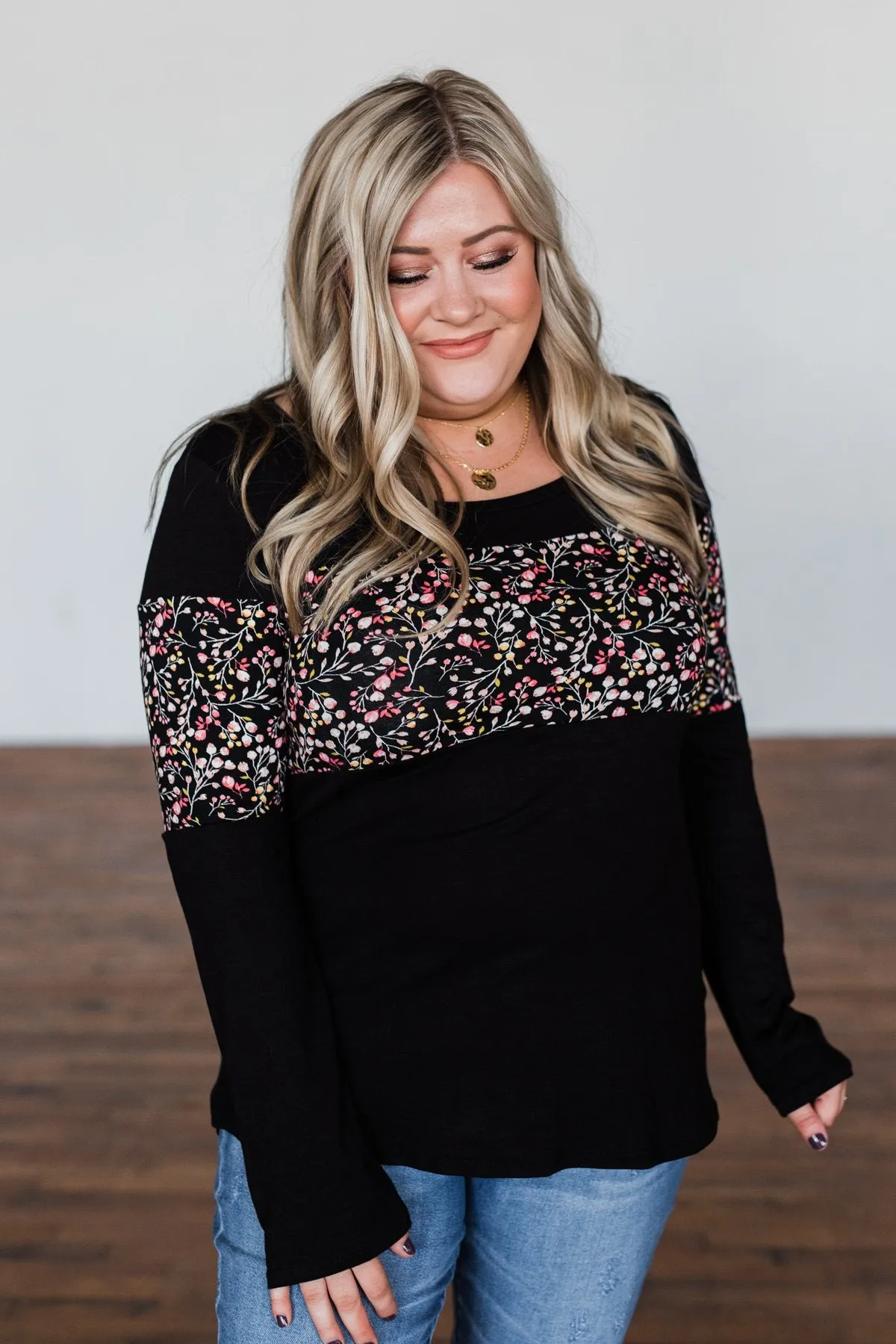 Hold Me Up Floral Color Block Top- Black