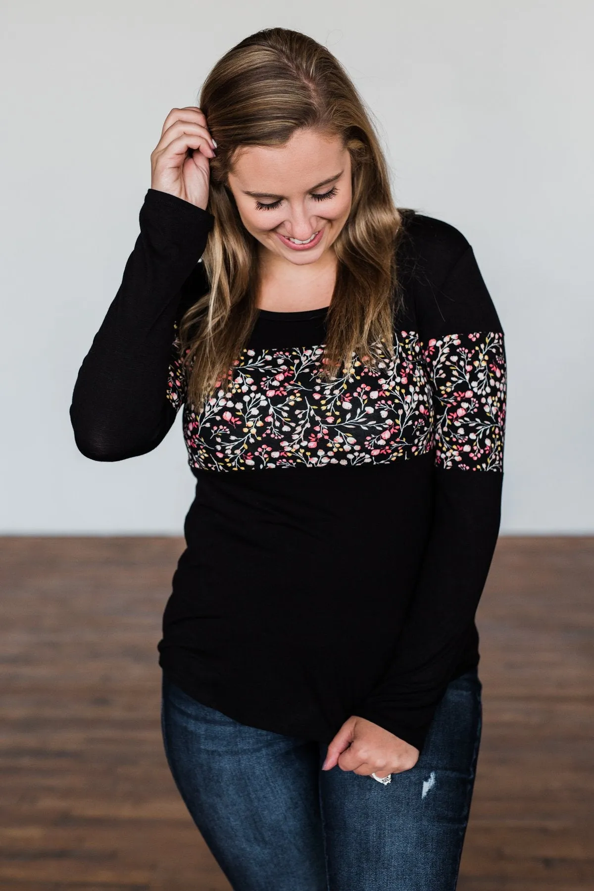 Hold Me Up Floral Color Block Top- Black