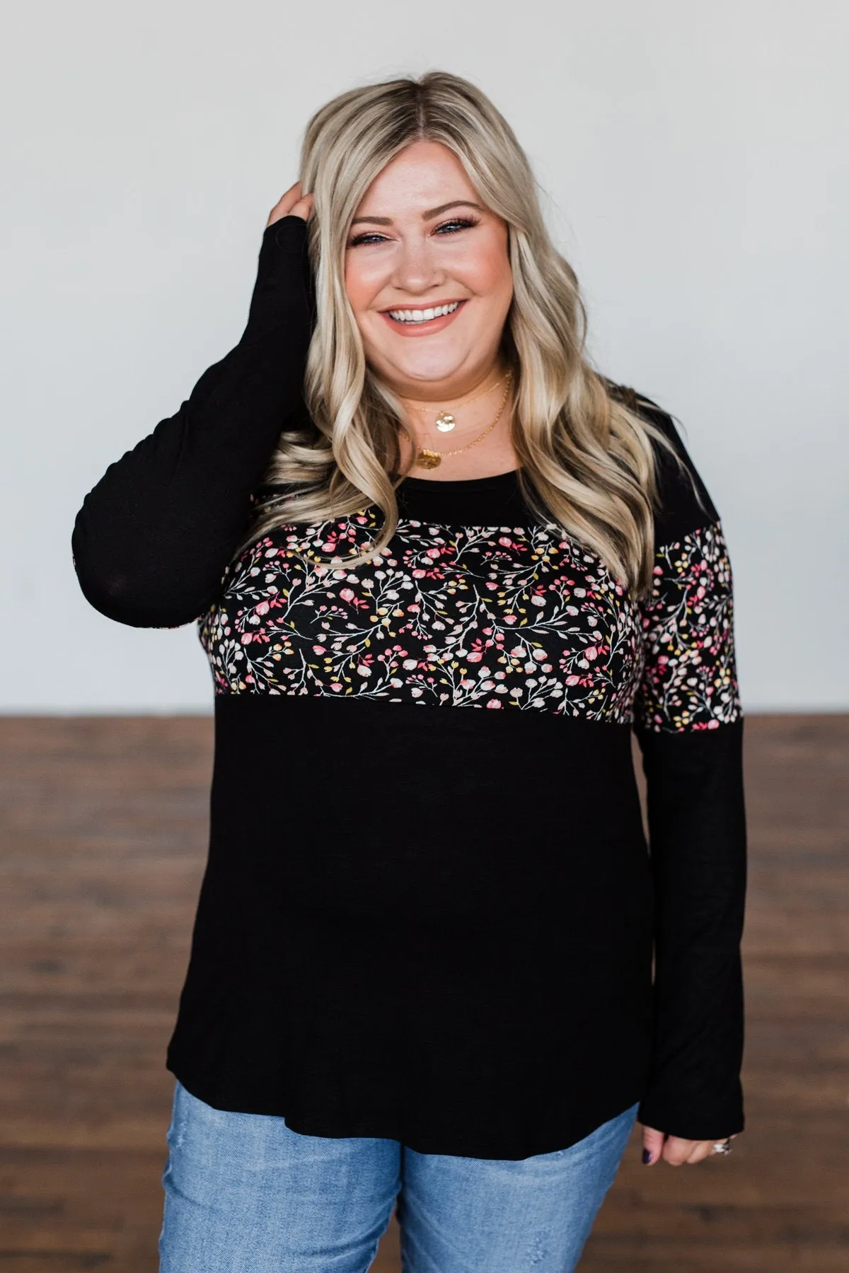 Hold Me Up Floral Color Block Top- Black
