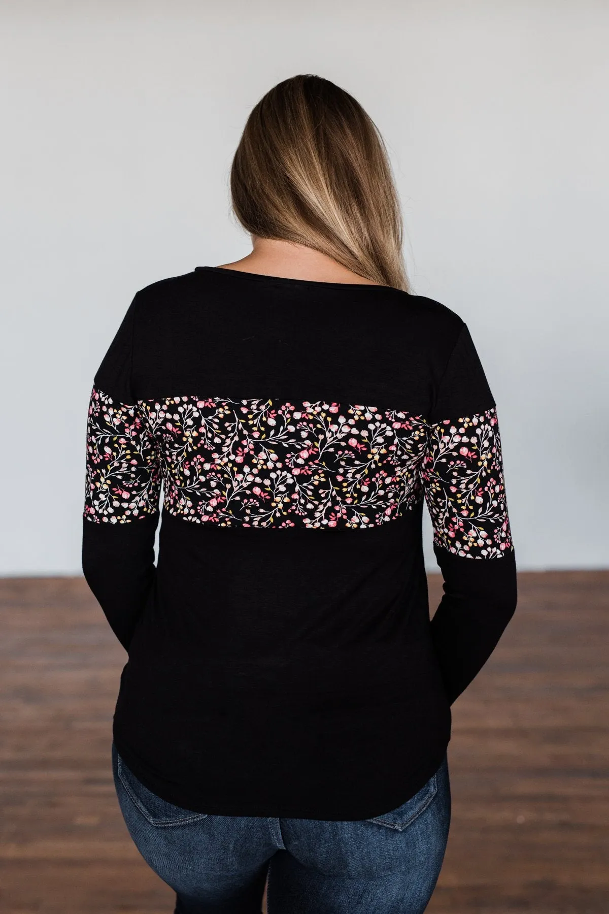 Hold Me Up Floral Color Block Top- Black