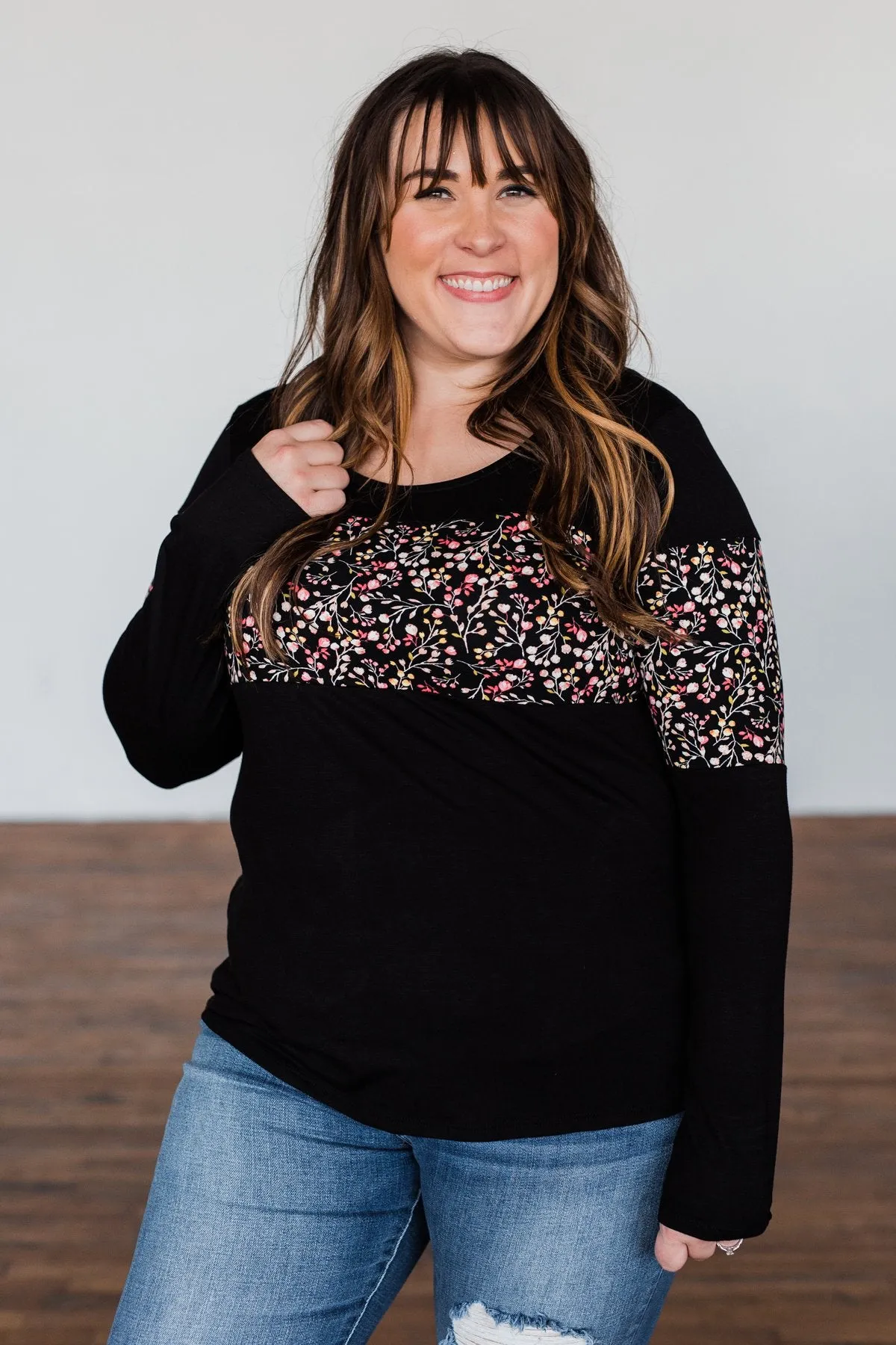 Hold Me Up Floral Color Block Top- Black