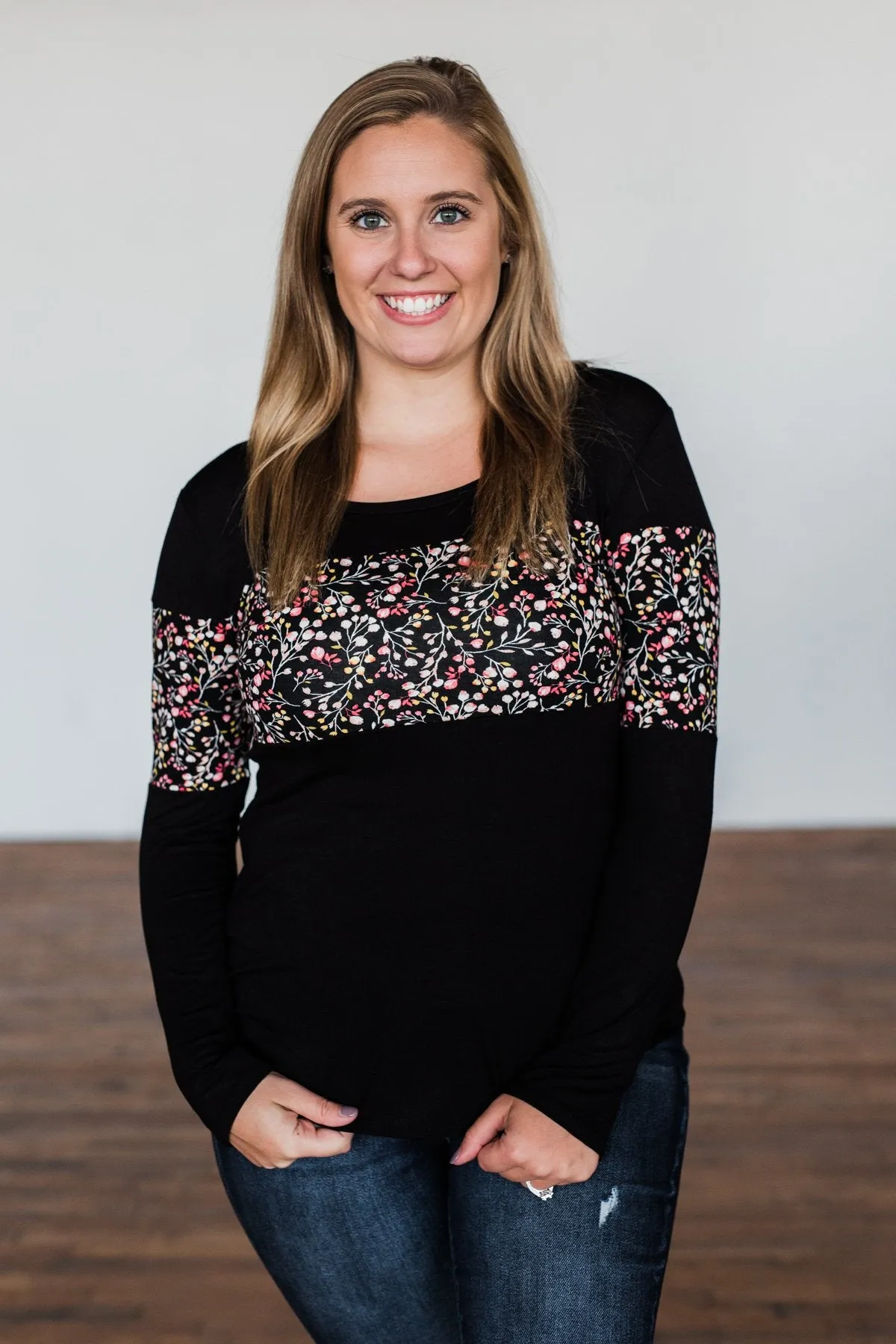 Hold Me Up Floral Color Block Top- Black