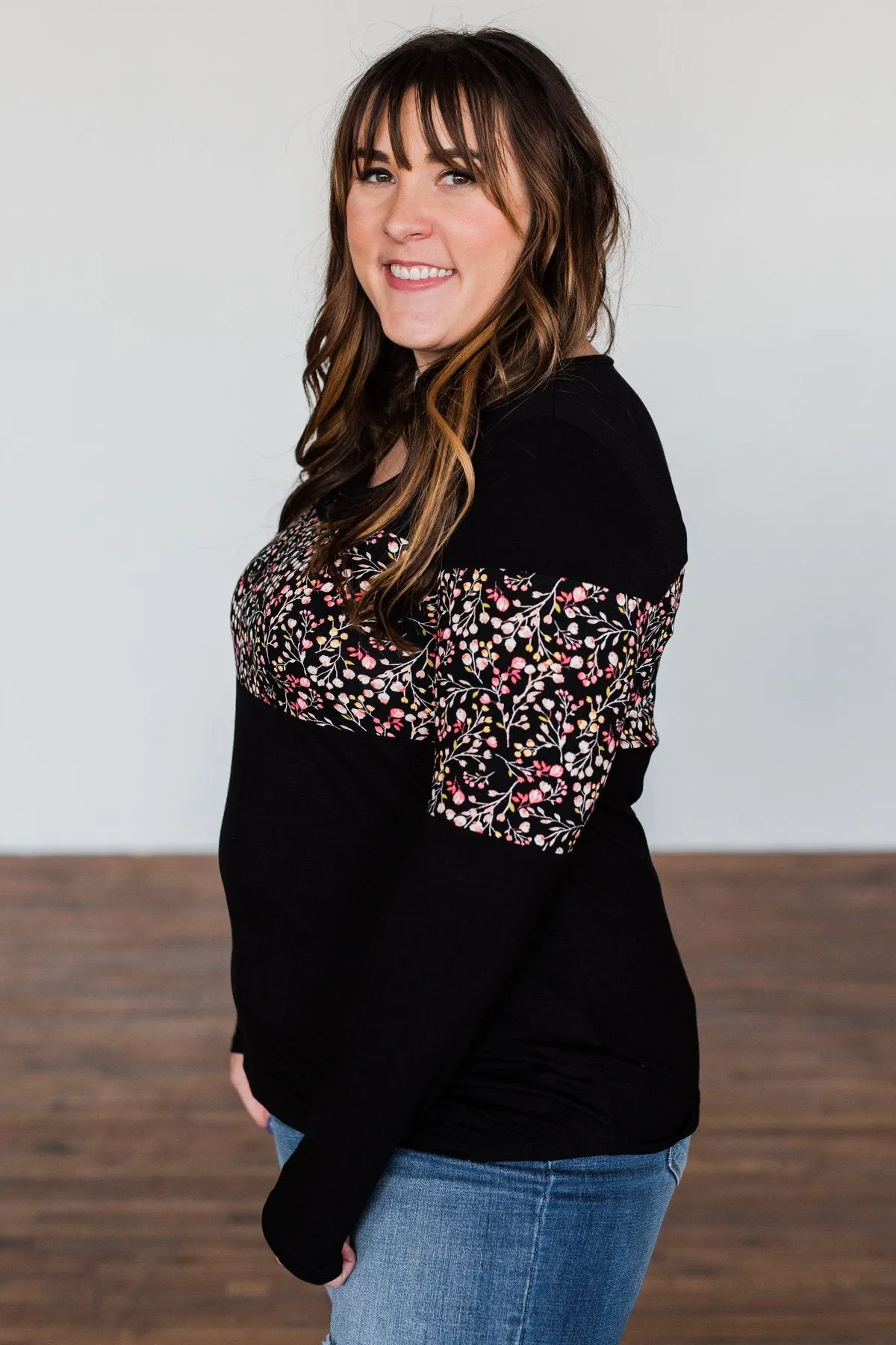 Hold Me Up Floral Color Block Top- Black