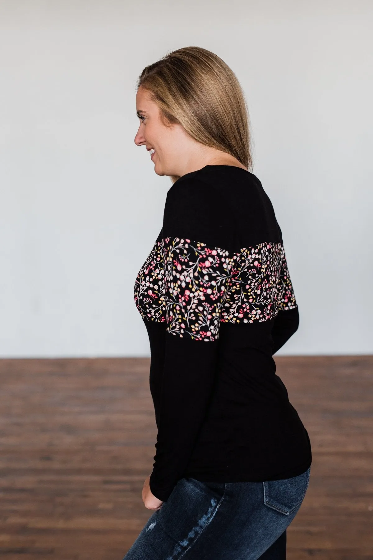 Hold Me Up Floral Color Block Top- Black