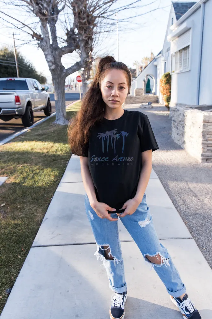 Holographic Reflective Palm Trees SA Worldwide | Black Tee