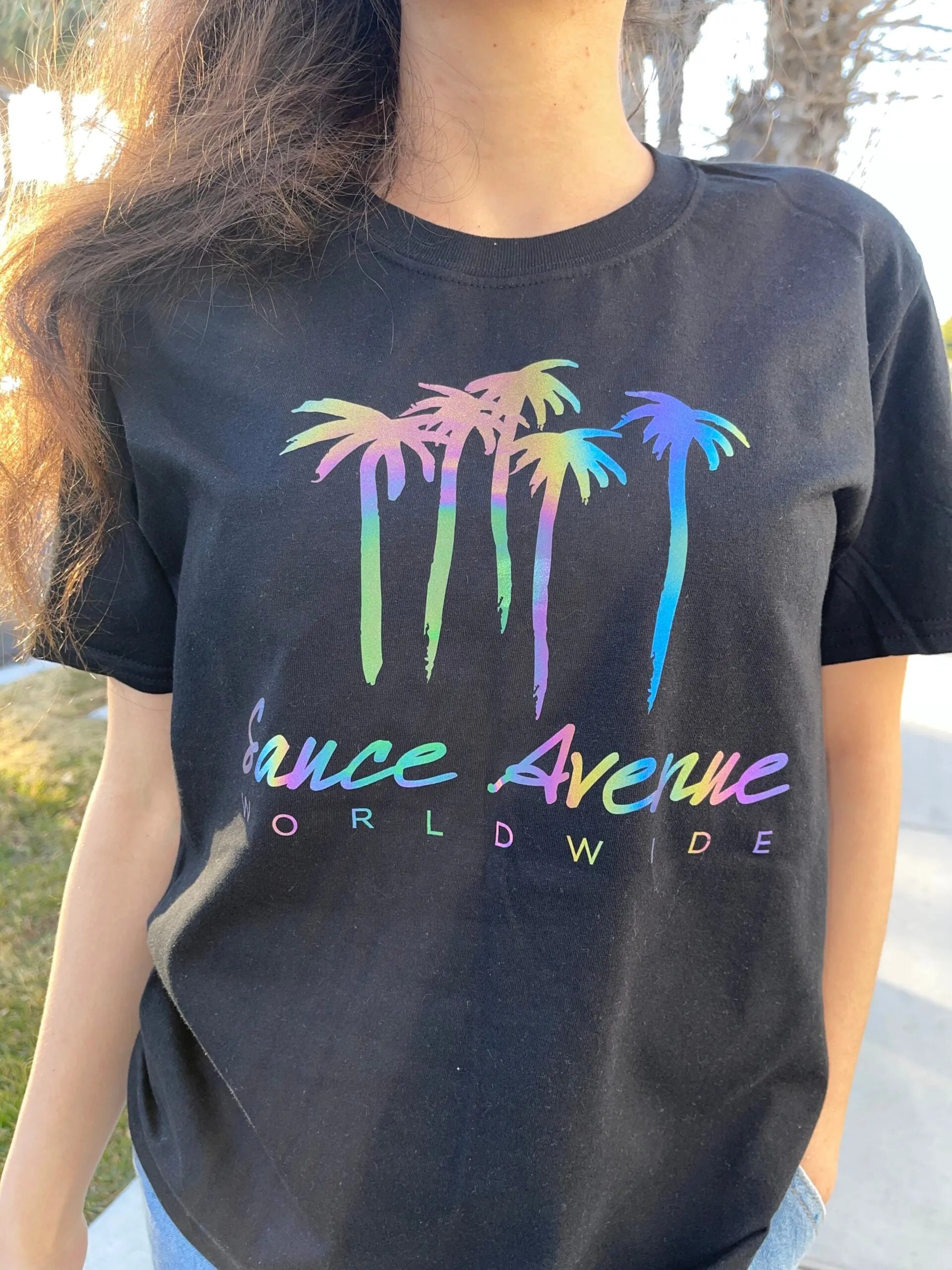 Holographic Reflective Palm Trees SA Worldwide | Black Tee
