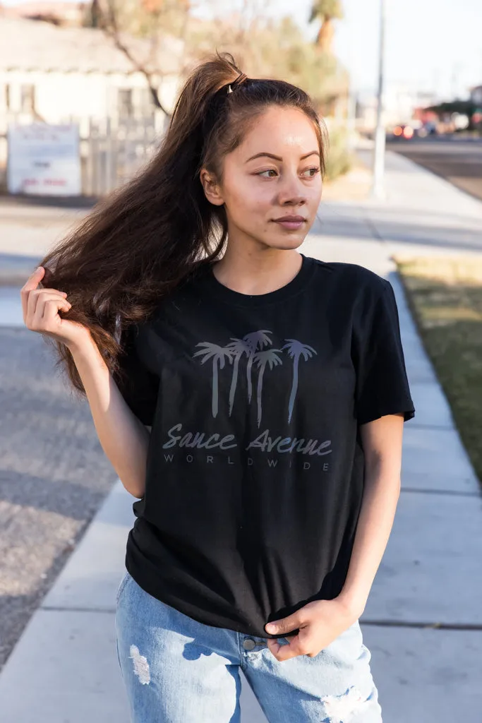 Holographic Reflective Palm Trees SA Worldwide | Black Tee