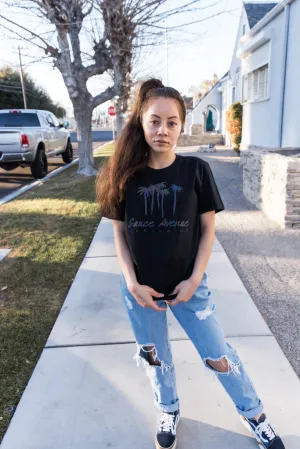 Holographic Reflective Palm Trees SA Worldwide | Black Tee